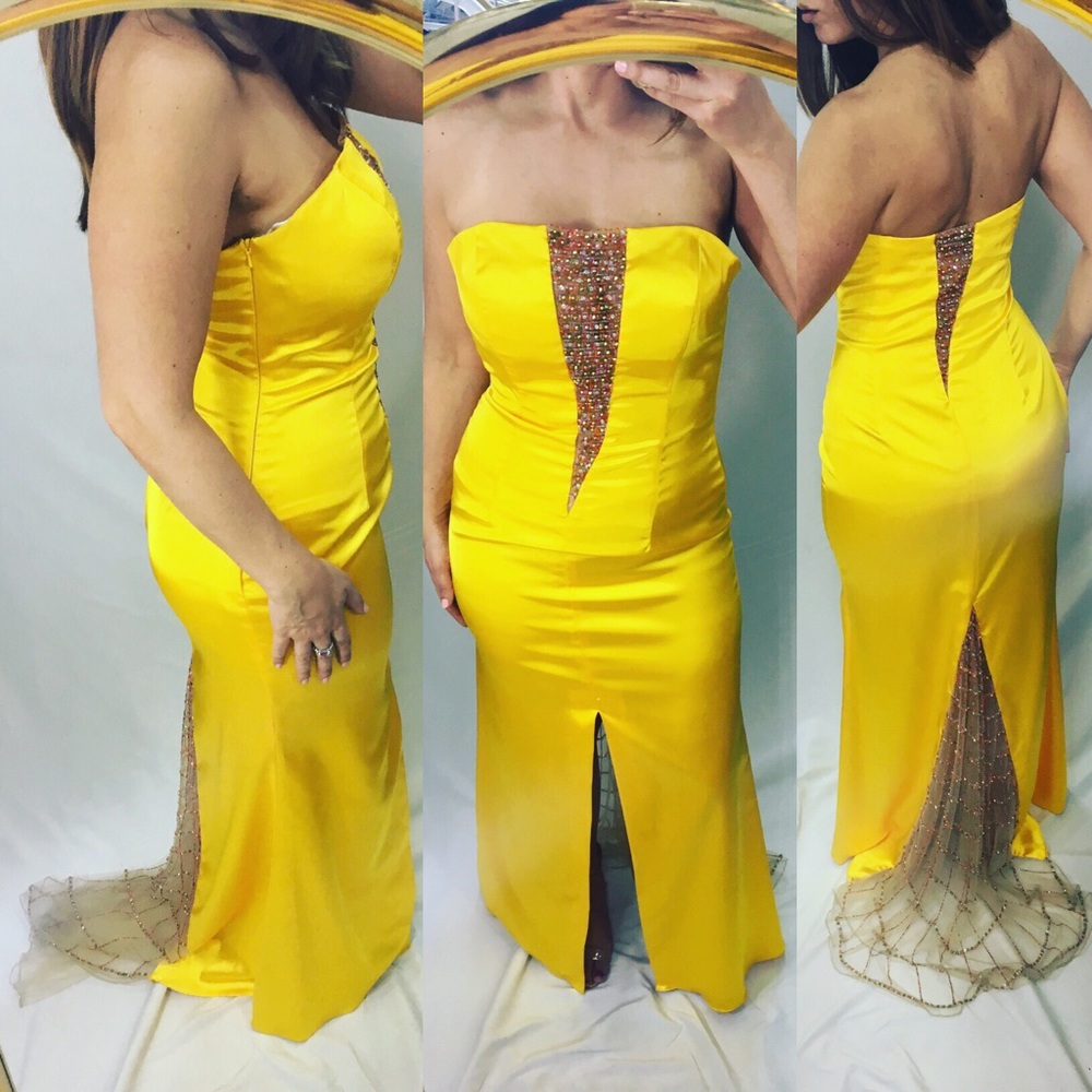 🌟Floor length bright yellow gown w mesh 💎size 8